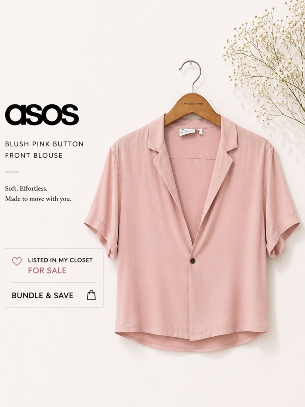 ASOS Blush Pink Button Front Blouse | Minimal Chic Soft Girl Top | Size S